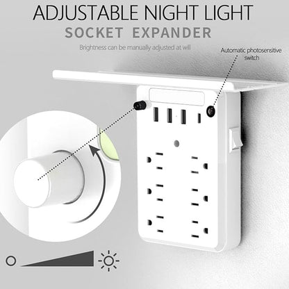Preliminark Wall Outlet Extender with Shelf Night, Outlet Extended with Surge Protector and Shelf 6 Ac Outlets, 3 USB & 1 USB C Charging Ports, for Home Office (1pcs)