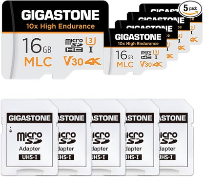 [10x High Endurance] GIGASTONE Industrial 16GB MLC Micro SD Card 5-Pack, 4K Video Recording, Security Cam, Dash Cam, Surveillance Compatible 95MB/s, U3 C10, with Adapter [5-Yrs Free Data Recovery]