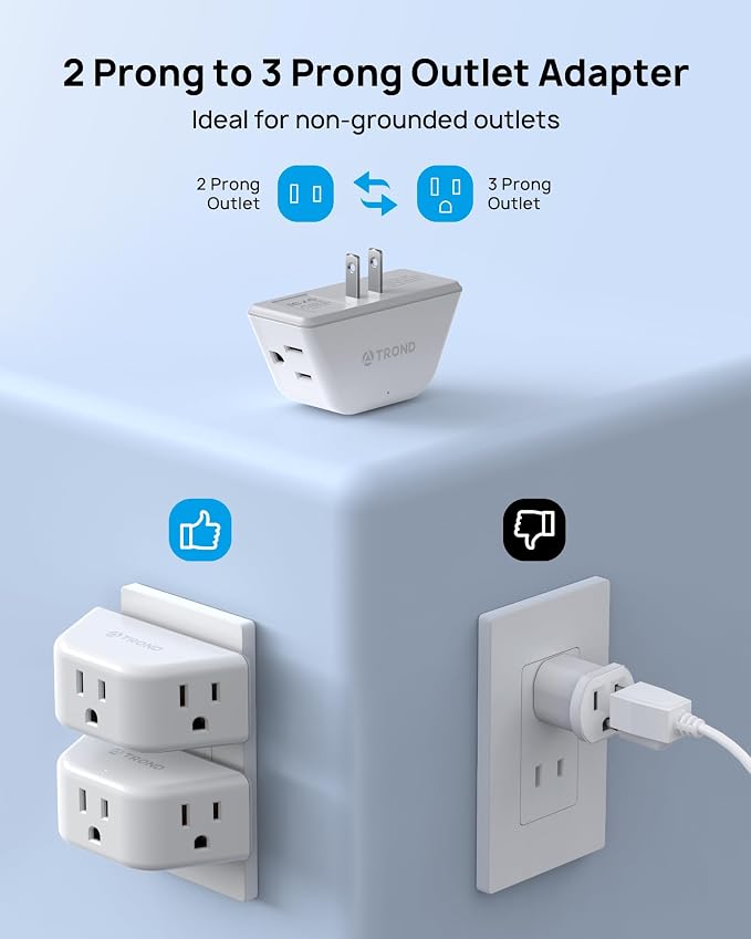 TROND 2 Prong to 3 Prong Outlet Adapter for Old House, 2 Pack | 3-Way Angled Wall Extender with 3 AC Sockets, Plug Expander for Non-Grounded Socket in Home Hotel, Cruise Essentials, White