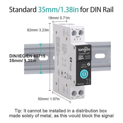 TONGOU ZigBee DIY Smart Switch 32A| DIN Rail Switch| 1P+N 90-240VAC| Real-time Power Monitoring| Remote Control and Set Timer for Home Automation| Support Tuya/Smart Life| Voice Control| FCC Certified