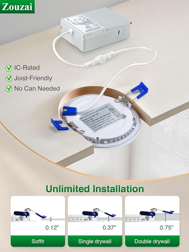 zouzai 24 Pack 6 Inch Ultra-Thin LED Recessed Ceiling Light with Junction Box, 6000K Clear White, 12W 110W Eqv, Dimmable Downlight, 1080LM High Brightness - ETL Certified