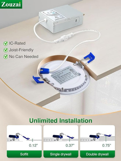zouzai 24 Pack 6 Inch Ultra-Thin LED Recessed Ceiling Light with Junction Box, 6000K Clear White, 12W 110W Eqv, Dimmable Downlight, 1080LM High Brightness - ETL Certified