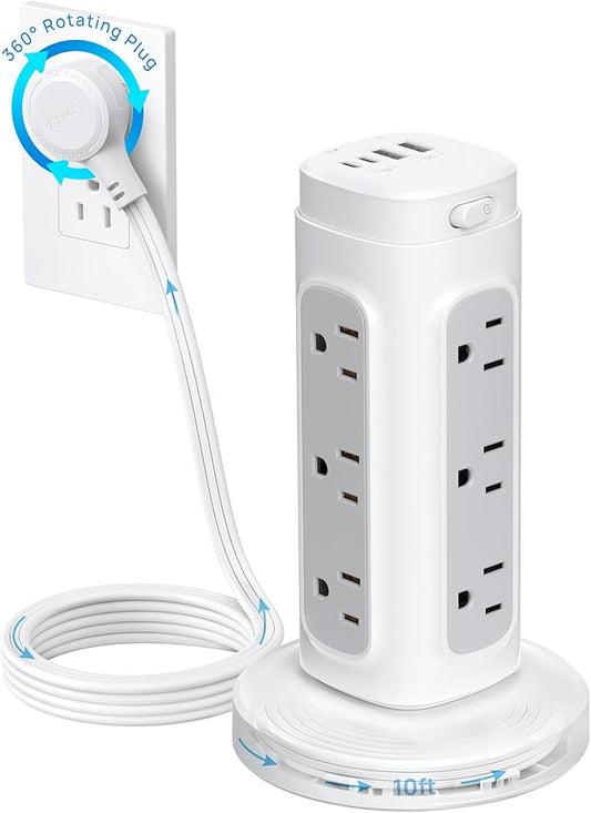 TROND Rotating Plug Power Strip Tower PD 20W, 10ft Semi-Retractable Extension Cord Surge Protector, 12 Outlets, 4 USB, 1700J Protection, Space Saving Home Office Desk Supplies, Dorm Room Essentials