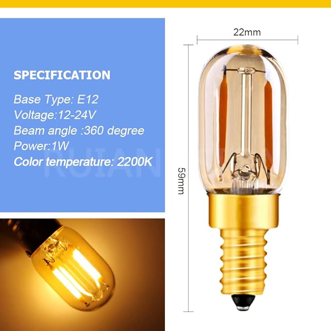 Ruiandsion E12 LED Bulb 1W Night Light 12-24V Chandelier Pendant Candelabra Refrigerator Lights Freezer Fridge Lamp Bedroom Wall Sconces, Yellow 2200K (Pack of 2)