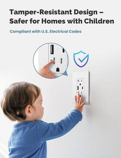 MOES USB Wall Outlet 20 Amp, USB-C and USB-A 24W Charging, White, 6 Pack