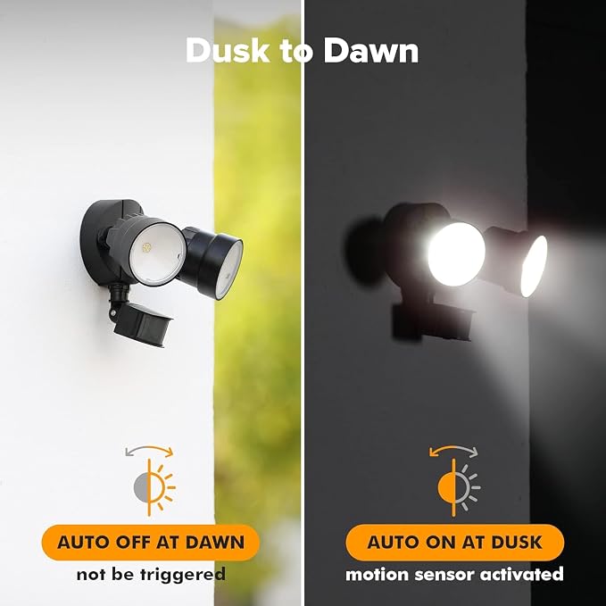 LUTEC Shrimp P6221B-PIR24 2000 Lumen 18 Watt 26 LED Motion Activated Integrated Dual-Head Floodlight Outdoor, IP54 Waterproof Exterior Security Wall Light for Patio, Garden, Yard-Black, 2 Pack