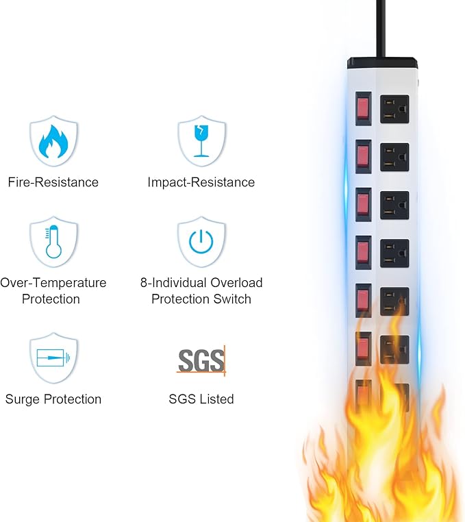 8 Outlet Metal Power Strip with Individual Switches,Heavy Duty Appliance Power Strip with Flat Plug,1200J Surge Protector,6FT Extension Cord 15A 120V 1800W for Home Office School Shop Industrial