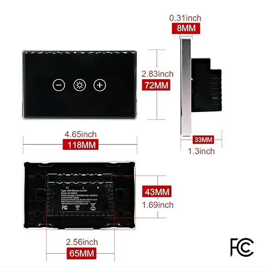 Smart Dimmer Switch,4.65 X 2.83 X 1.3 Inches,Aluminum Frame,Need Neutral Wire,2.4GHz,Tuya/Smart Life App/Alexa,2.5D Curved-Edge Tempered Glass Panel,Black