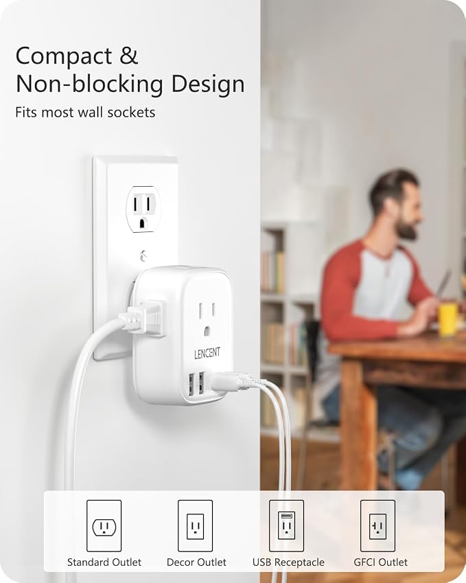 LENCENT Multi Plug Outlet Extender with USB, Electrical Outlet Expander | with 4 AC 4 USB Charger Cube (2 Type C), Small Multiple Wall Tap Plug Splitter for Home Office Travel Cruise Dorm Essentials