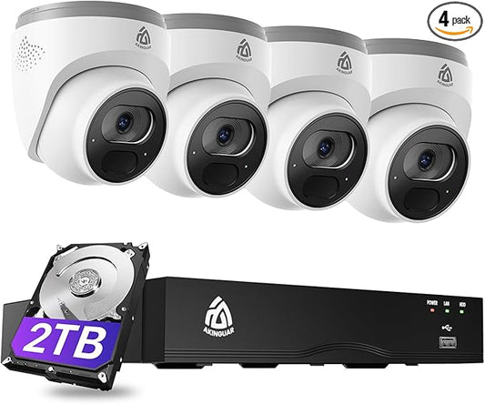Smart 4K Home Security Camera System, 4pcs Wired PoE IP Cameras with Person/Vehicle Detection, 8CH 4K NVR with 2TB HDD, 2-Way Audio, 100ft Night Vision, 24/7 Recording