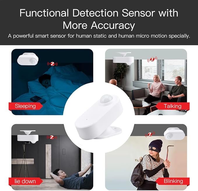 Presence Sensor Wireless, WenzhiIoT Smart Motion Sensor Zigbee 24 GHz Radar MmWave Presence Sensor Movement Body Motion Detection with Luminance/Distance Tuya Smart Life Home Assistant
