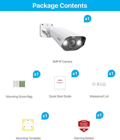 ZOSI 5MP PoE CCTV Camera with Person Vehicle Detection, Outdoor Indoor Bullet Camera, Color Night Vision, 2-Way Audio, Sound & Light Alarm, Home Security Camera Only Compatible POE NVR