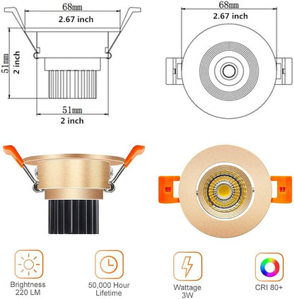 LightingWill 2inch LED Dimmable Downlight, 3W COB Recessed Ceiling Light, Ultra Warm White 2700K, CRI80, 25W Halogen Bulbs Equivalent, Gold (4 Pack)