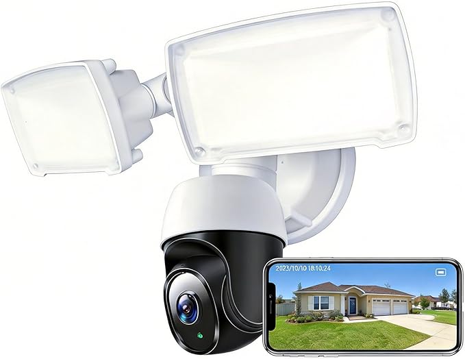 PTZ Security Camera with Floodlight, 360° Auto Tracking 1080P, 2500 Lumens, Color Night Vision, Weatherproof, 90dB Siren, Includes 64GB TF Card & Plug-in Adapter