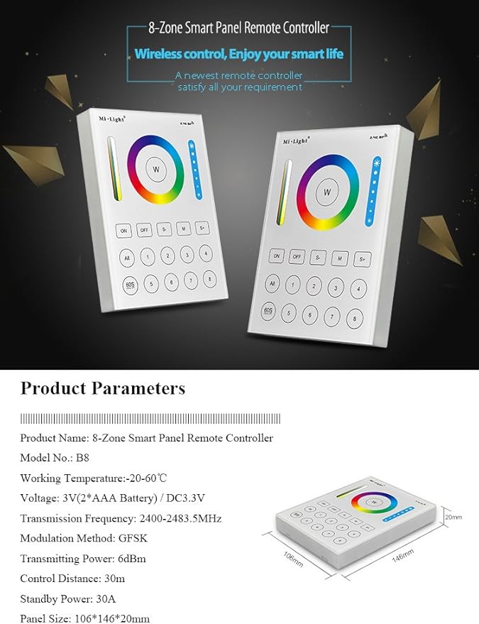 LGIDTECH B8 Miboxer 8-Zone RGB+CCT Wall Mounted Panel Controller Powered by AAA Batteries for RGB+CCT LED Bulb,Downlight,Flood Light,Controller(Except 8W,FUT037,038,039)