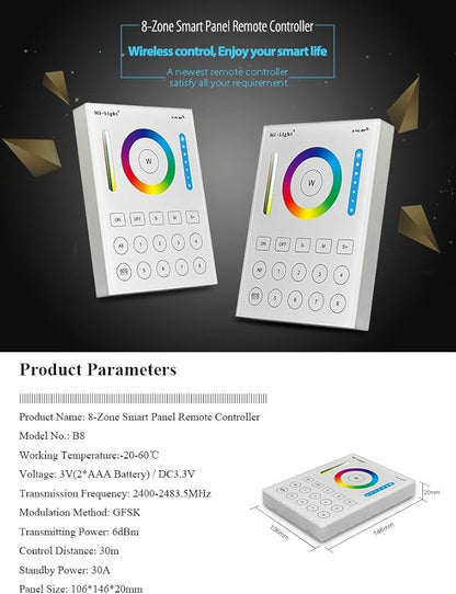 LGIDTECH B8 Miboxer 8-Zone RGB+CCT Wall Mounted Panel Controller Powered by AAA Batteries for RGB+CCT LED Bulb,Downlight,Flood Light,Controller(Except 8W,FUT037,038,039)