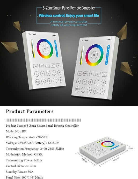 LGIDTECH B8 Miboxer 8-Zone RGB+CCT Wall Mounted Panel Controller Powered by AAA Batteries for RGB+CCT LED Bulb,Downlight,Flood Light,Controller(Except 8W,FUT037,038,039)