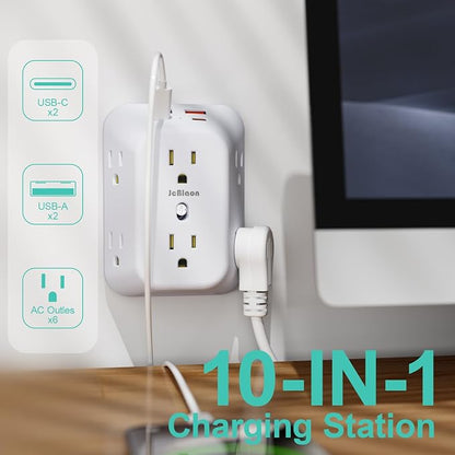 2 Pack Outlet Extender Surge Protector, 6 Outlet Splitter with 4 USB Ports (2 USB C), Multiple Plug Expander Wall Charger, 4 Sided 1050 J Multi Plug Wall Adapter Power Strip for Home Office Kitchen