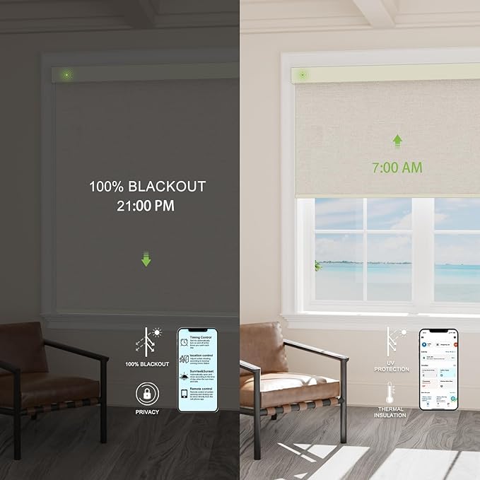 Motorized Blinds with Remote，100% Blackout Smart Blinds Motorized Roller Shades Compatible with Alexa Automatic Blinds for Windows Electric Window Blinds Customized Size Clouded Noir