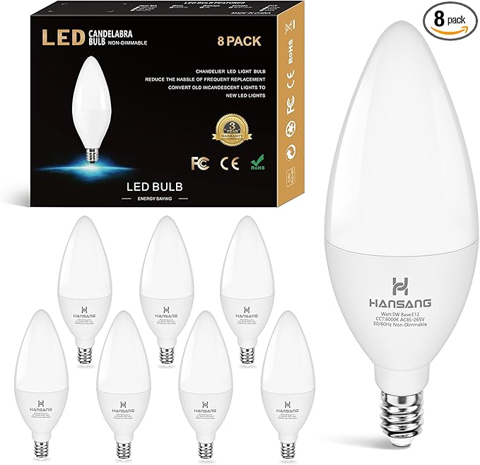 Candelabra LED Bulbs,60 Watt Equivalent,6000K Cool Daylight,Type B Light Bulb,Pack of 8,E12 Small Base,Non-Dimmable,Decorative Chandelier Bulb
