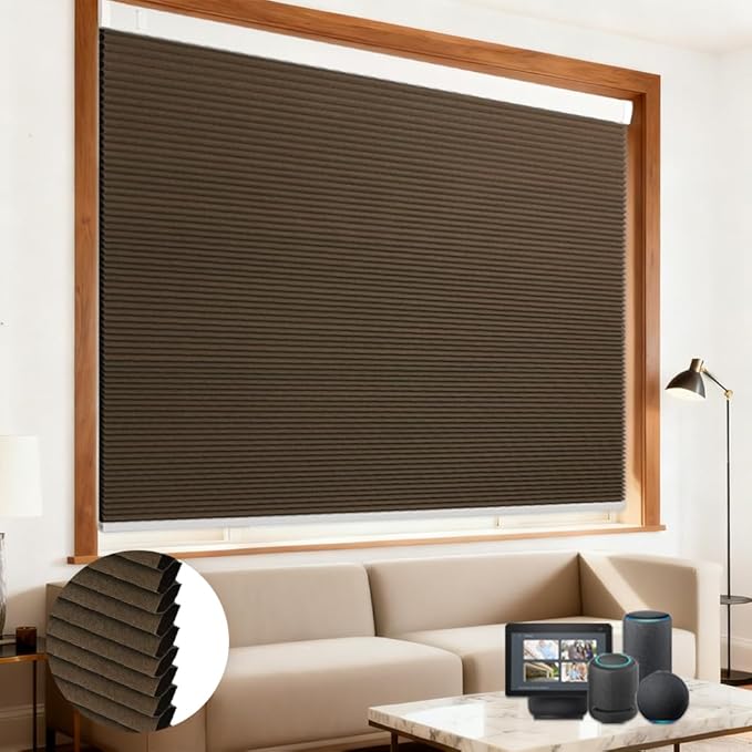 Motorized Cellular Shades with Remote Blackout Honeycomb Smart Blinds Options for Indoor Windows, Remote/Alexa/Matter Compatible, Easy DIY Installation (Brown)