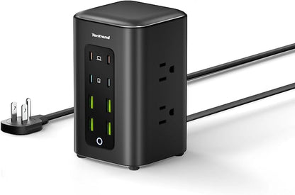 TenTrend Power Strip Tower (350W), 14-in-1 USB-C Charging Station Tower with 2000J Surge Protection, 5FT Extension Cord with 6 AC Outlets & 8 USB Ports for Home Office Dorm Essentials