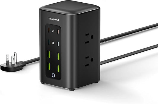 TenTrend Power Strip Tower (350W), 14-in-1 USB-C Charging Station Tower with 2000J Surge Protection, 5FT Extension Cord with 6 AC Outlets & 8 USB Ports for Home Office Dorm Essentials