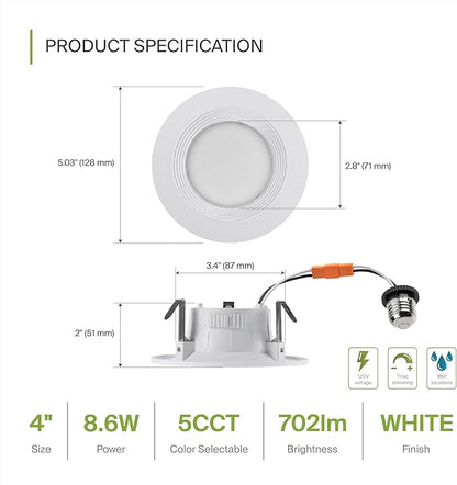 ASD 4 Inch Retrofit LED Recessed Light - 9W 2700K-5000K 700LM Retrofit LED Recessed Lighting 4 Inch, Dimmable Recessed Lights, Wet Rated Baffle Trim Can Lights, UL