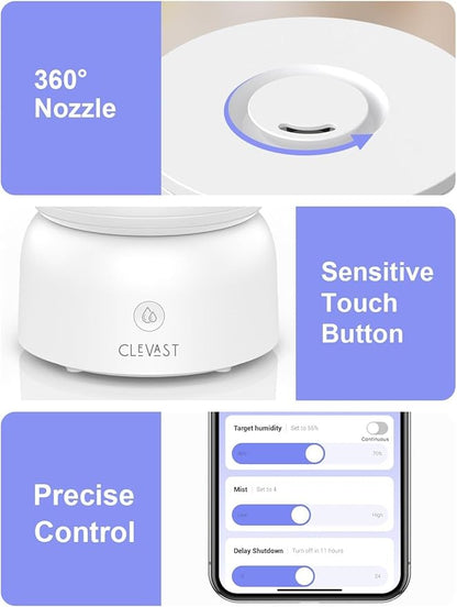 CLEVAST Smart Humidifiers for Bedroom, Top Fill 3L Cool Mist Quiet Ultrasonic Humidifier with Essential Oil Diffuser, Humidity Control, Wi-Fi Air Humidifier for Baby, Home, Compatible with Alexa