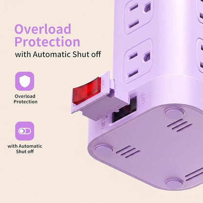 Extension Cord with Multiple Outlets, SMALLRT Power Strip Tower, Outlet Extender with 12 AC Outlets 4 USB, 6.5FT Extension Cord for Home Dorm Room, Office Supplies, Purple
