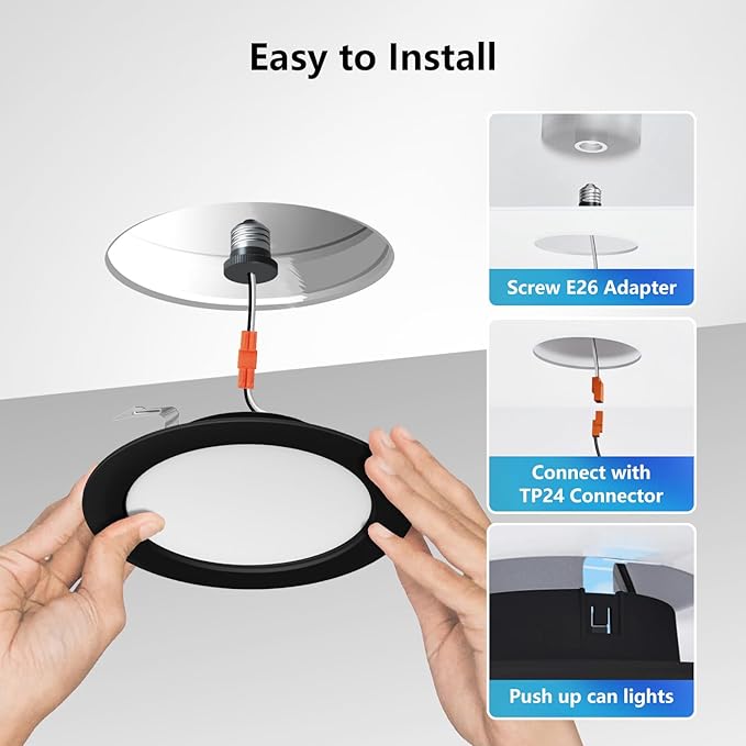 LVWIT Black LED Recessed Light 4 Inch, Can Lights Color Selectable 2700/3000/4000/5000/6000K 5CCT, 6W=85W,700LM,Dimmable Downlight with E26 Conversion Kit, 6 Pack,IC Rated