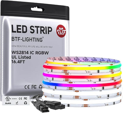 BTF-LIGHTING 16.4FT WS2814 Smart IC RGBW 6000K DC24V COB LED Strip Light | UL Listed 784LEDs/m High Density Color Chasing Uniform Light 10mm Width for Home Party DIY Lighting(No Adapter or Controller)