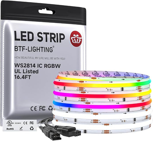 BTF-LIGHTING 16.4FT WS2814 Smart IC RGBW 6000K DC24V COB LED Strip Light | UL Listed 784LEDs/m High Density Color Chasing Uniform Light 10mm Width for Home Party DIY Lighting(No Adapter or Controller)