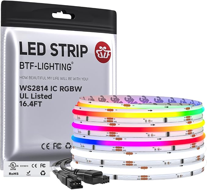 BTF-LIGHTING 16.4FT WS2814 Smart IC RGBW 6000K DC12V COB LED Strip Light | UL Listed 768LEDs/m High Density Color Chasing Uniform Light 10mm Width for Home Party DIY Lighting(No Adapter or Controller)