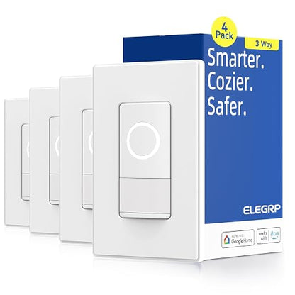 ELEGRP Smart Motion Sensor Switch, 2.4GHz Wi-Fi 3 Way Light Switch Compatible with Alexa & Google Assistant, APP Remote Control, Neutral Wire Required, UL Certified, No Hub Required (White, 4 Pack)