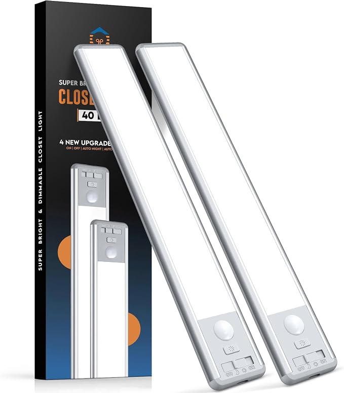 BLS 10inch Under Cabinet Lighting, LED Closet Lights, Motion Sensor Light Indoor, Battery Operated USB C Rechargeable, Dimmable Magnetic Night Light for Kitchen, 4 Sensor Mode, Cool White (2 Pack)