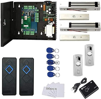 2 Door Access Control Panel System 600lbs Waterproof Magnetic Lock RFID Reader Metal Exit Button 110V Power Supply Box USB Reader RFID Card Key Fob Phone APP Remotely Open Door