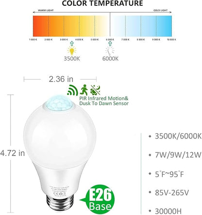 LED Motion Sensor Light Bulbs-Dusk to Dawn Sensor Light Bulbs,Bult-in Motion Detector LED Smart Light Bulbs,Auto on/Off for Outdoor&Indoor,7W(60W Equivalent),E26 Base,(2 Pack)