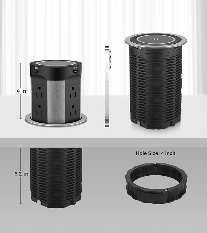 Pop Up Outlet for Countertop, 15W Wireless Charger PD 45W, 2 USB-A & 2 USB-C & 8AC Outlets 15A Tamper Resistant, 4-inch Island Kitchen Pop Out