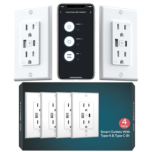 Lumary Smart Outlet with USB-A/C Ports 110V 15A, Timer, Remote Control, FCC | Tamper-Resistant, Group, No Hub Required, 2.4G WiFi Wall Outlet, Works with Alexa/Google Home, Kitchen/Bedroom/Office, 4 Pack