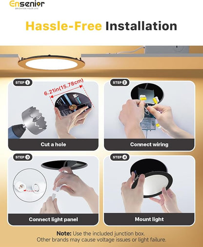 Ensenior 6 Pack 6 Inch LED Recessed Light, Dimmable, 2700K-5000K 5CCT, 1200LM High Brightness, 12W 120V, Damp Rated, Ultra-Thin Canless Wafer Light, Black - ETL & FCC & IC