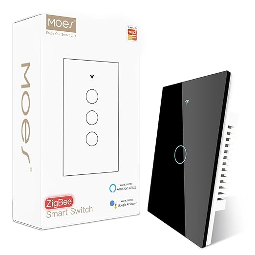MOES Zigbee Smart Switch 1 Gang, Require MOES Zigbee Hub and Neutral Wire, Inteligente Single Pole Light Switch, Work as Relay, Support Tuya Smart Life, Black