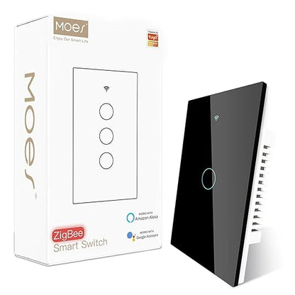 MOES Zigbee Smart Switch 1 Gang, Require MOES Zigbee Hub and Neutral Wire, Inteligente Single Pole Light Switch, Work as Relay, Support Tuya Smart Life, Black