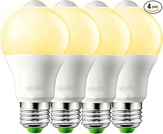 HEKEE Motion Sensor LED Light Bulb 9W A19 PIR Built-in IR 60W Equivalent Bright 810 Lumens E26 Base Warm White Bulbs (4 Packs)