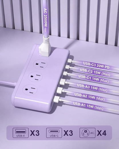 Power Strip with USB Port - 4AC & 6 USB(3USB C), Outlet Extender 5FT | Flat Plug Extension Cord with Multiple Outlets, PD20W Bedside Charging Station for Multiple Devices - Travel Home Office