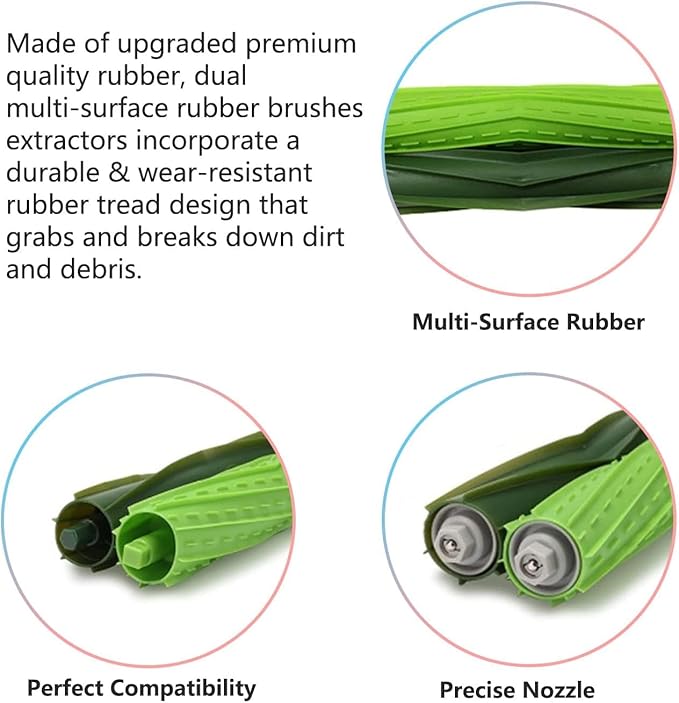 Dual Multi-Surface Rubber Roller Brushes Replacement Parts Compatible with Irobot Roomba I E & J Series I1+ I7 I3+ I4+ I6+ I7+ I8+ J5 J5+ j6 J6+ J7 J7+ J8 J8+ J9+ E5 E6 Vacuum Accessories
