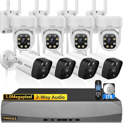 (2026 New) Wireless Security Camera System, 5MP WiFi Home Security System with 8 Cameras (4 PTZ Auto Tracking + 4 PIR Bullet), 8CH NVR 3TB HDD, Dual Band 2.4/5.8GHz, 130° Wide Angle, No Monthly Fee
