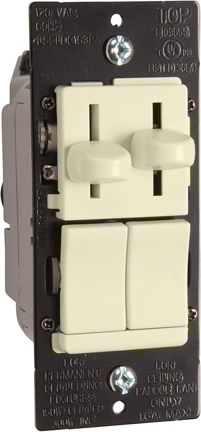 Legrand Pass & Seymour 300W LS Series Preset Dimmer Light Switch for Incandescent & Halogen Bulbs Plus 1.6A Ceiling Fan Control, 3-Way, LSDC163PLAV, Light Almond, 1 Count