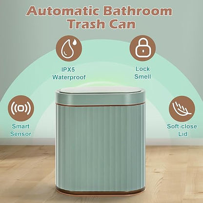 ELPHECO Bathroom Trash Can with Automatic Lid, 2 Gallon Sensor Trash Bin, Smart Garbage Can, IPX5 Waterproof Slim Trash Bin, Motion Sensor Wastebasket for Office, Kitchen, Sage Green Gold