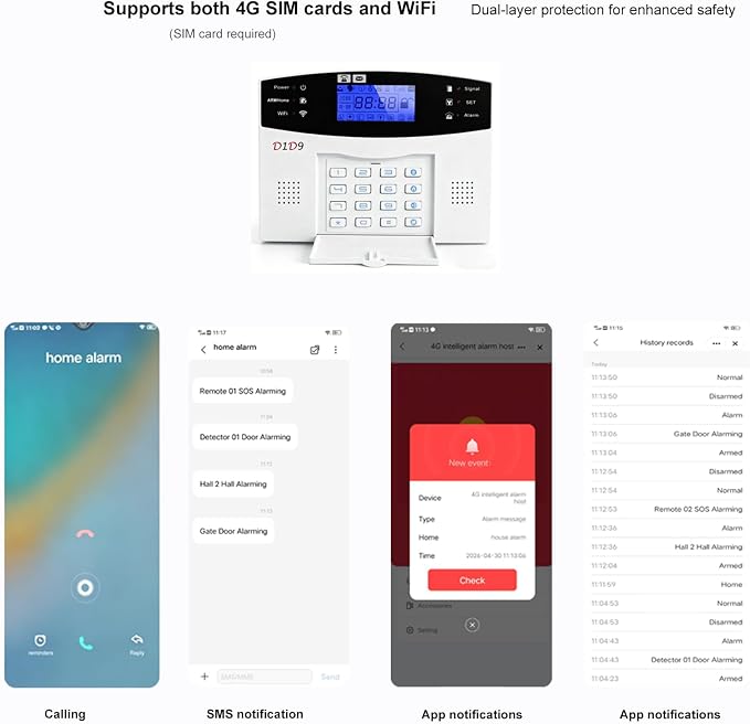 10pcs Wireless DIY Home Burglar Alarm System, 4G WiFi GSM, No Monthly Fee,Home Security with App Alert